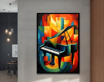 Può includere: Dipinto astratto di un pianoforte a coda in uno stile geometrico colorato. Il pianoforte è nero con tasti bianchi ed è posto su uno sfondo di forme geometriche rosse, gialle, blu e verdi.