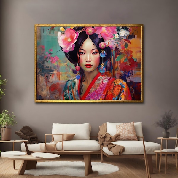 Toile femme asiatique, décoration murale geisha, art femme japon, art mural japonais, art japonais geisha affiche encadrée, art asiatique, décoration d'intérieur femme