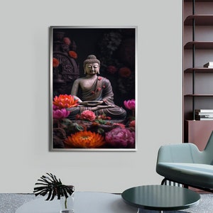 Buddha Canvas, Buddha meditation canvas, Flowery Buddha wall decor, Modern Decor Ideas with Different Frame Options for Your Home and Office
