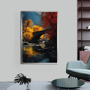 Brücke Leinwand / Landschaft Leinwand / Herbst Wand Kunst / Wald Wand-Dekor / Natur Wand Kunst / Wand Kunst für Haus, Büro / Mit Rahmenoptionen