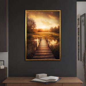 Stampa artistica del lago nel bosco, tela del lago, arte autunnale, tela del tramonto, decorazione murale del paesaggio, arte murale della natura, arte murale per la casa, ufficio