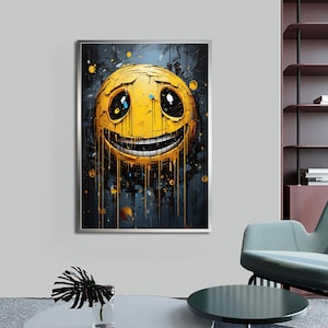 Smiley Face Emoji Canvas Painting, Graffiti art,Melting Happy Face decor,Modern Decor Ideas for Home and Office with Different Frame Options