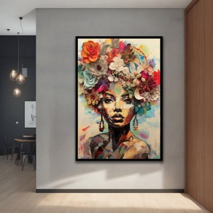 Woman with Flowers Oil Painting, Abstract Woman Wall Art, Modern Decor Ideas for Home and Office, Stretched Canvas Painting, Framed Wall Art