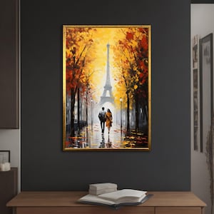 Autunno alla Torre Eiffel, Due amanti, Tela paesaggistica, Strada, Strada, Arte naturalistica, Arte murale per casa e ufficio, Diverse opzioni di cornice
