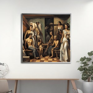 May include: A framed painting depicting a group of people in a classical setting. The artwork features figures in various poses, some draped in white cloth, others seated on benches. The color palette includes muted tones of beige, brown, and blue.