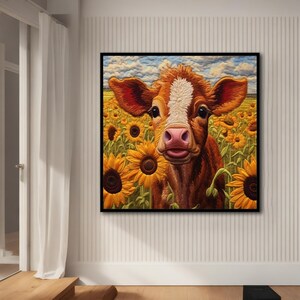 Kuh Leinwand, niedliche Kuh im Sonnenblumenfeld Leinwand Gemälde,