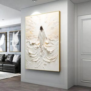 Impressão em tela de pintura icônica de Jesus, arte de Jesus andando sobre as águas, impressão em tela de Jesus branco, decoração cristã para casa