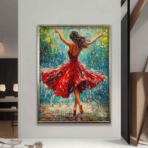Canvas Painting of Woman Dancing Under the Rain, Beautiful Girl in Red Dress  Art, Oil Painting Looking Woman Poster - Etsy