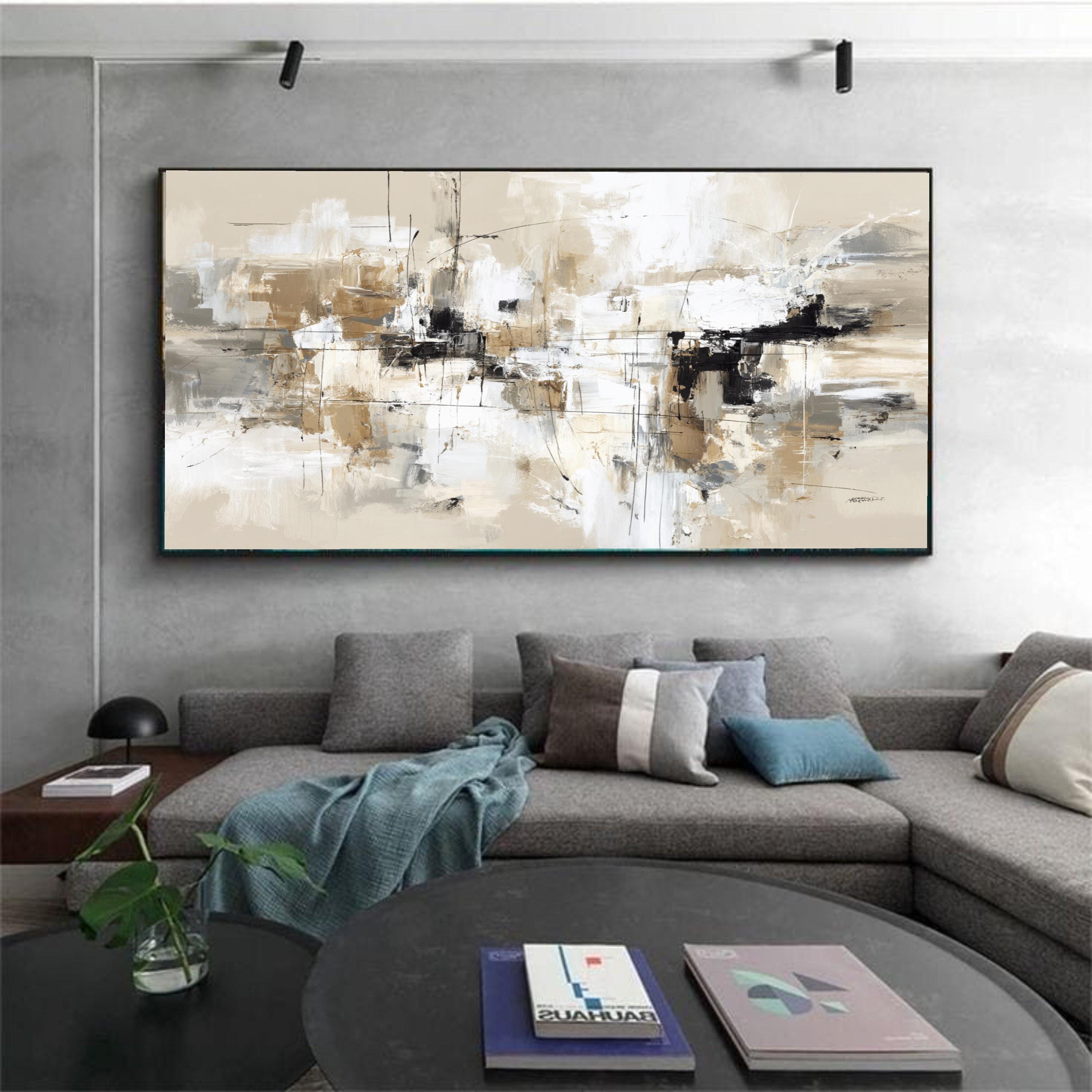 Modern Abstract Neutral Tones Canvas, Beige and Black Wall Art ...
