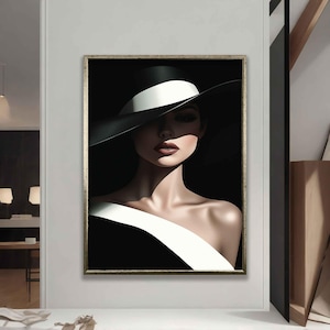 Woman in Black Dress and White Hat Canvas Painting - Stylish Home Decor and Perfect Gift