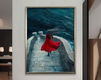 Woman With Red Dress Wall Decor, surreal blonde girl poster, seascape art, girl in red dress canvas print, beautiful woman home decor