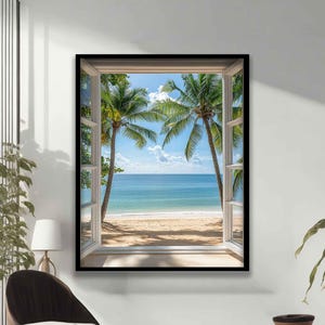 Sea View Fake Window Canvas Painting, Relaxing Wall Art, Sea View Canvas Art, Fake Window Wall Decor, Interior Design Nature Art