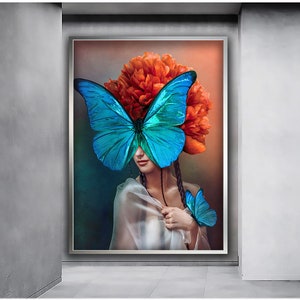 Butterfly Woman Art Print, Blue Butterfly Art Print, Woman And Butterfly, Woman Wall Art, Butterfly Canvas, Framed Canvas,