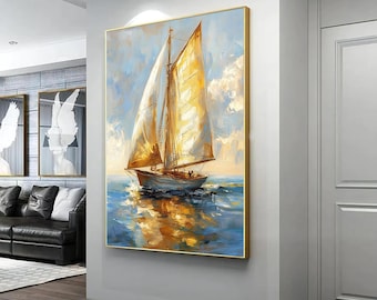May include: A painting of a sailboat with white sails and a golden hull sailing on a blue ocean with a golden reflection. The sky is blue with white clouds.