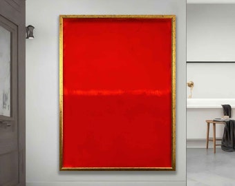 May include: A large, rectangular abstract painting with a single horizontal band of lighter red across a field of deep red. The painting is framed in a gold-colored frame.