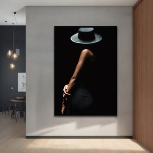 Impresión artística de una misteriosa mujer con sombrero negro, arte abstracto de pared, ideas de decoración modernas para el hogar y la oficina con diferentes opciones de marcos
