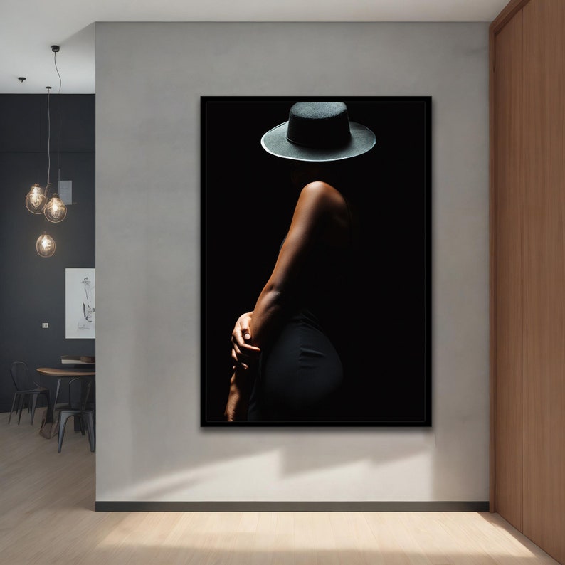 Mysterious Woman in Black Hat Art Print, Abstract Woman Wall Art ...
