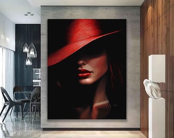 May include: A woman with red lips wears a large, red hat that casts a shadow over her face. The background is a dark, abstract design.