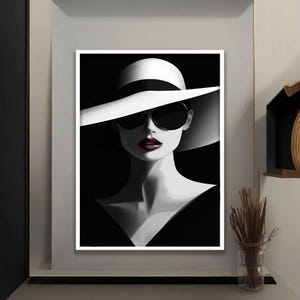 White Hat Art Print, Abstract Woman Wall Art, Modern Decor Ideas for Home and Office with Different Frame Options