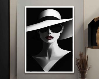 White Hat Art Print, Abstract Woman Wall Art, Modern Decor Ideas for Home and Office with Different Frame Options