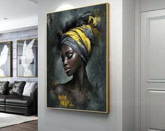 May include: A painting of a woman with dark skin wearing a yellow and gray head wrap. The background is a dark gray with hints of gold.