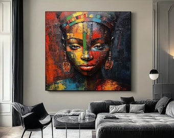 African aboriginals woman canvas painting, red painted african american woman, ethnic wall decor, black woman poster