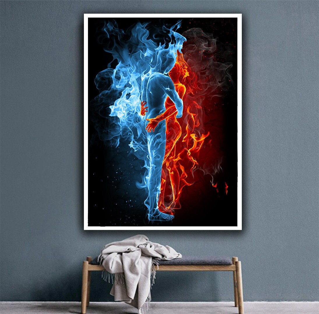 Fire and Water Couple Canvas Wall Art , Love Couples Hugging