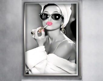 Woman in Lipstick, Audrey Hepburn style, Woman in Robe, Audrey Hepburn Makeup, Canvas Print, Audrey Hepburn Pink Lips, Pop Art wall Decor,