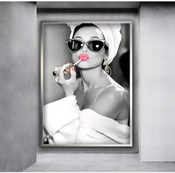 Woman in Lipstick Audrey Hepburn Style Woman in Robe Audrey Hepburn Makeup Canvas Print Audrey Hepburn Pink Lips Pop Art Wall Decor Etsy