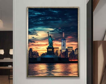 Impresión de la Estatua de la Libertad en lienzo, Estatua de la Libertad, Arte mural al atardecer, Lienzo artístico de paisaje, Lienzo de la Estatua de la Libertad