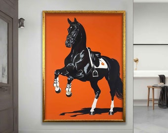 Horse picture with orange background, british horse canvas print, prancing horse poster