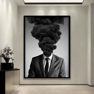Abstract man in suit canvas print, portrait of man with smoke head, man in suit poster