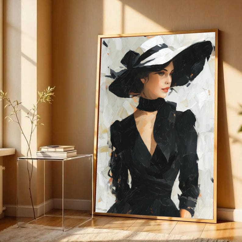 Elegant Woman in Black Hat Canvas, Vintage Style Portrait Wall Art ...