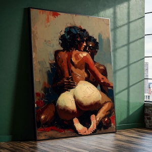 Può includere: Dipinto a olio astratto su tela raffigurante due figure in un abbraccio. L'opera utilizza toni caldi di marrone, rosso e crema, con pennellate visibili. Le figure sono in una posa sensuale, con la schiena di una figura rivolta allo spettatore.