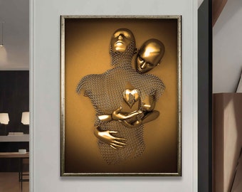 Bronze heart love couples sculpture men canvas painting, 3d looking sculpture art canvas, love wall art, lover gift canvas print