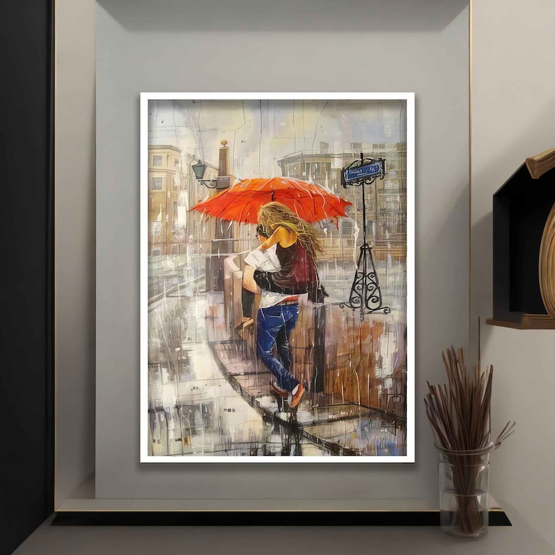 Toile d'amoureux s'embrassant sous un parapluie, art mural couple avec parapluie rouge, peinture d'amour, impression d'amour image 3