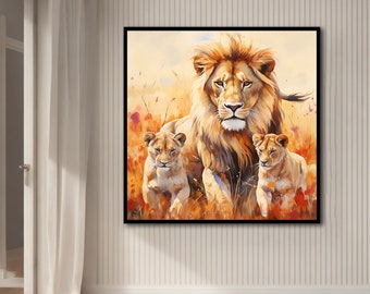 Lion Canvas, Lions cubs, lion famil, Art Print,Home Gift,canvas, Lion Animal,Wall Decor, Decor,  Wall Art,  framed lion painting