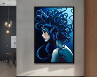 Woman with Octopus Hair Art Print, Sea Wall Decor, Sea Themed Painting, woman canvas, surreal art