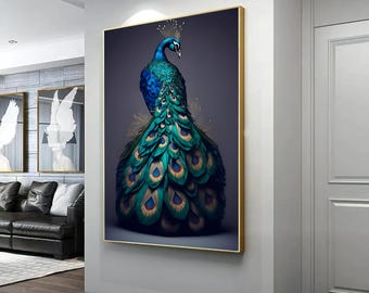 May include: A framed wall art print featuring a detailed illustration of a peacock. The peacock is depicted with vibrant blue and green plumage, a golden crown, and a long, flowing tail. The artwork is set against a dark gray background.