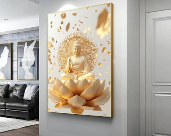 Serene Buddha Wall Art | White & Gold Buddha Painting | Zen Meditation Art |Spiritual Mindfulness Canvas, lotus and buddha canvas
