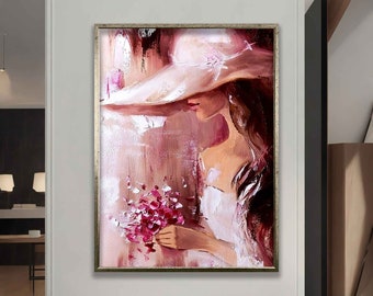 Frauenportrait mit Blumen, Frau mit rosa Blumen Wandbild, Blumenbild, Frauenbild mit Blumen, Frau mit Blumen