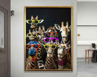 Giraffes with glasses canvas art, funny giraffe portrait, giraffe poster, colorful giraffes wall art