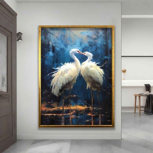 Storks on canvas, animal art, white stork pair canvas print, framed stork painting, stork home decor