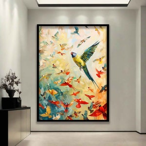 Parrots canvas, flying colorful parrot painting, parrot poster, parrot decor, parrot home gift