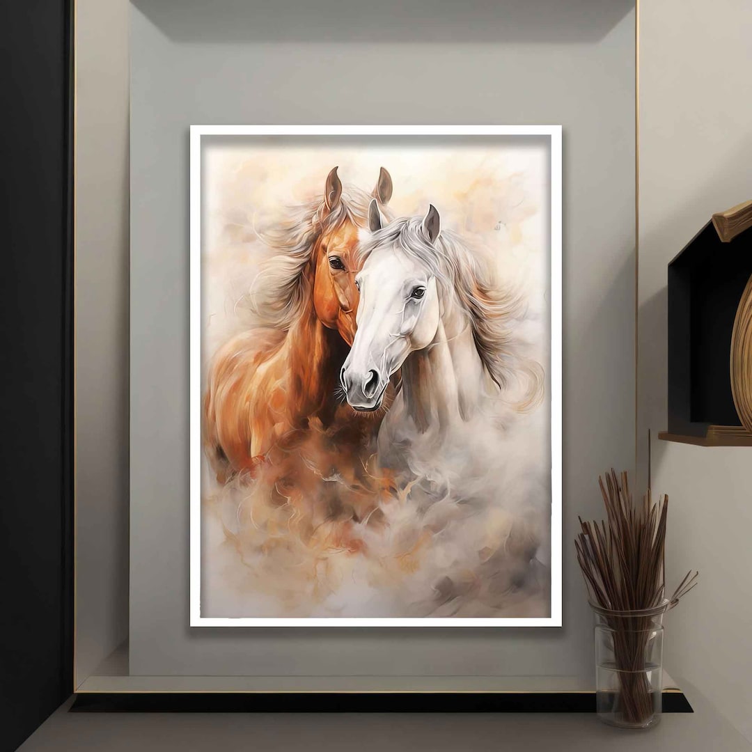 Double Horse Painting, Brown and White Horses Wall Art - Etsy