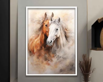 Double horse painting, brown and white horses wall art