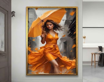 Woman in orange dress with umbrella art, beautiful woman poster, woman canvas home decor