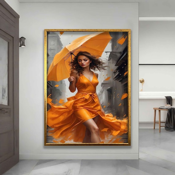 Woman in Orange Dress With Umbrella Art, Beautiful Woman Poster, Woman  Canvas Home Decor - Etsy