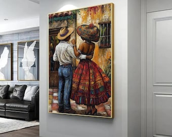 May include: A painting of a couple in traditional clothing standing in front of a building. The man is wearing a straw hat and a blue shirt, while the woman is wearing a large, colorful hat and a red skirt. The building is painted in warm colors and has a window with a view of a garden.