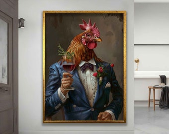 Anthropomorphic chicken in blue suit holding glass canvas painting